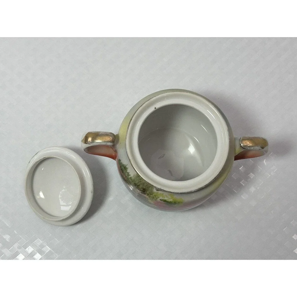 Noritake Hand Painted Vintage Sugar Bowl W/Lid Lake Scene Sunset W/ Swan‎